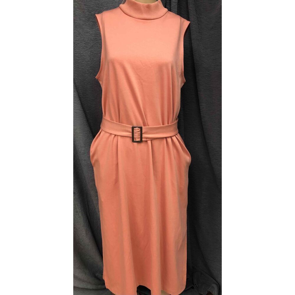 Prologue calm orange belted Waist Turtle Neck Midi Sleeveless Dress Womens L